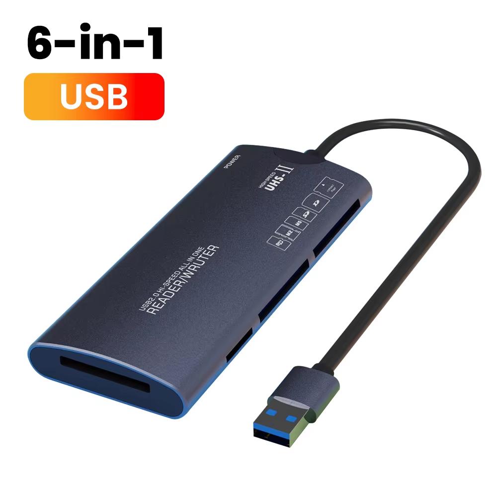 Устройство чтения карт 6-в-1 SD TF XD CF M2 USB-адаптер Type C Высокоскоростная передача данных Картридер для ноутбука