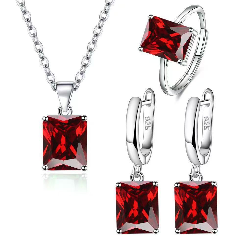 Love Zircon Ear Buckle Women's Ring Heart Pendant Necklace Three-piece Set