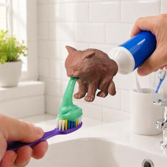Cute Cat Toothpaste Holder 3D Printed Cap, Funny Vomiting Topper, Novelty Gift for Owners Creative Dispenser Kids Adults Bathroom Accessory