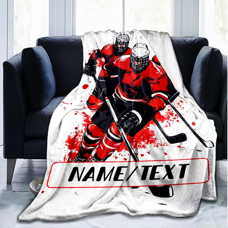 1PC Custom Name Hockey Players Action outdooor Flannel blankets Throw Blanket All-Season Throw Gift Bedspread for Couch, Bed, Camping Holiday Birthda