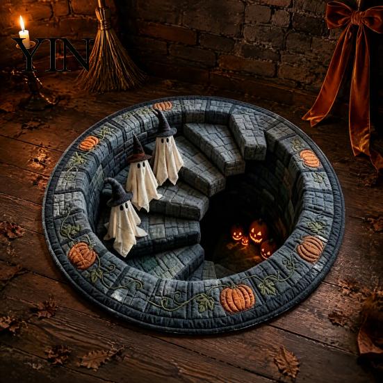 Soft Crystal Velvet Rug 3D Illusion Halloween Rug, Quilted Look Round Area Creepy Deep Pit Holiday Gift for Friends Design, Non-Slip Floor Mat Living