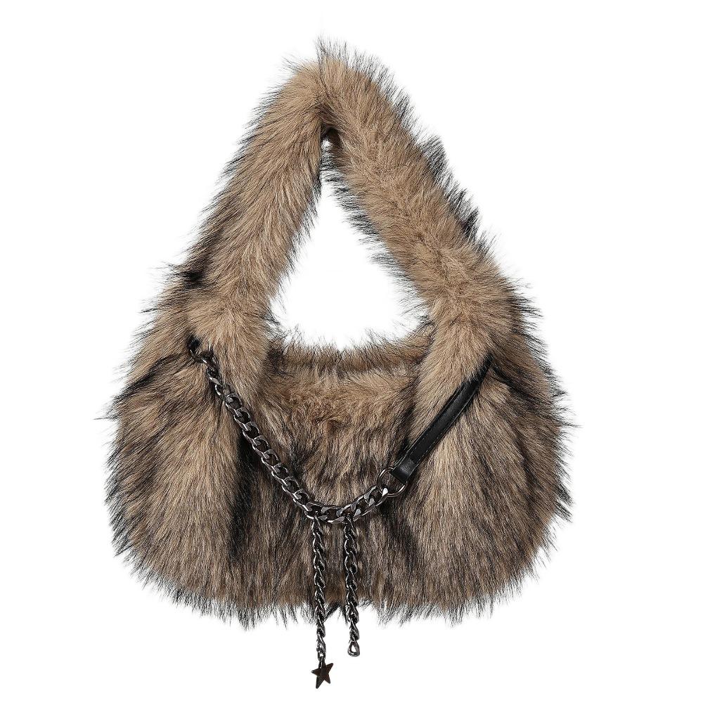Portable Fluffy Hobo Bags Stars Chains Half Moon Armpit Bag Mobile Phone Bag