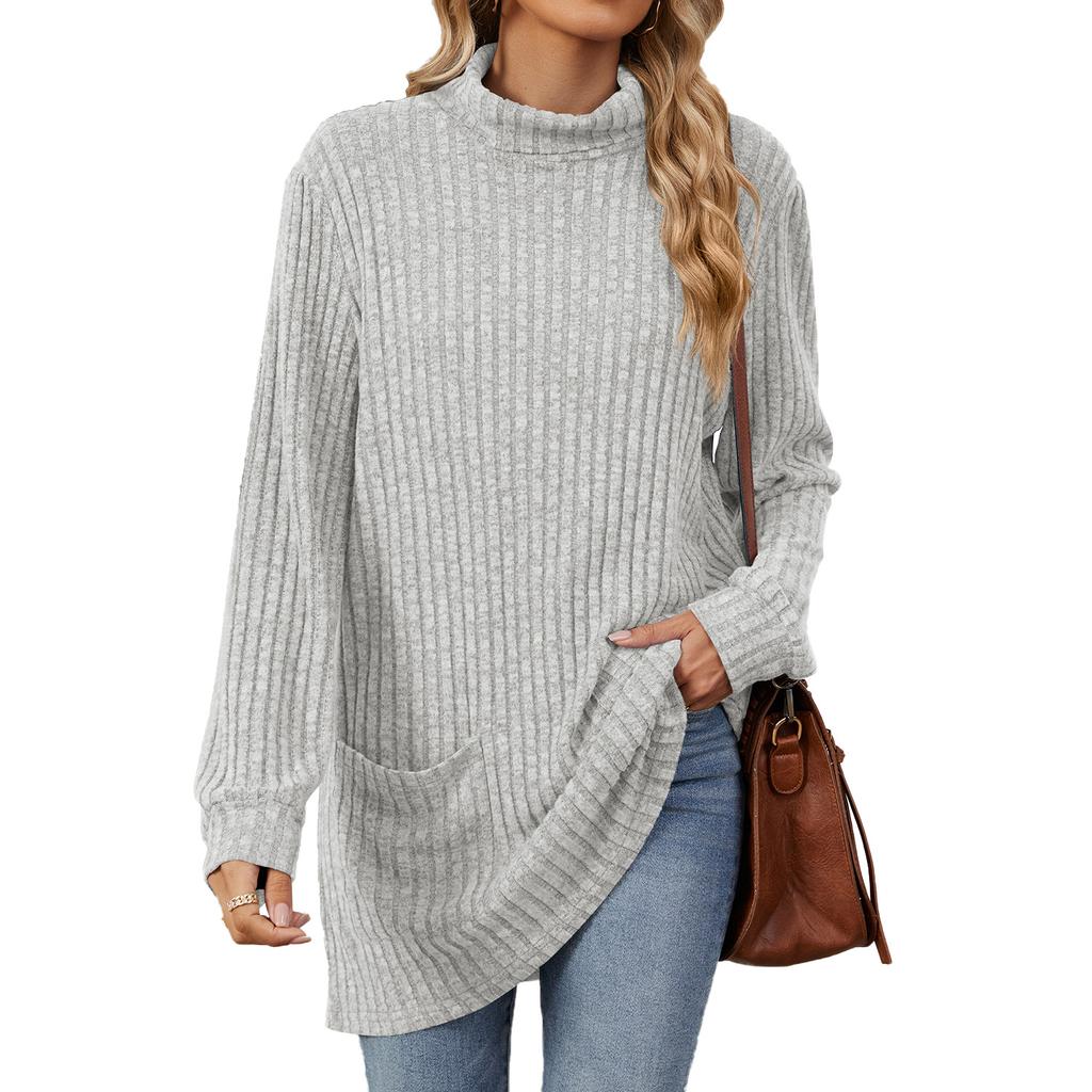 Autumn Winter Mid-Length Pullover Long Sleeves Thick Warm Knitwear Hoodie Casual Solid Color Half High Collar Loose Pocket Sweatshirt