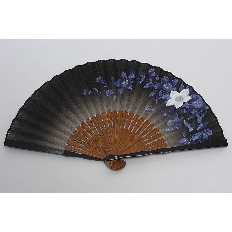Used [New] [Hasegawa] Fan, Black Bellflower, Silk Fan, Handmade by Kyoto Craftsman, Comes with fan bag, Comes in paulownia box, Made in Japan 1