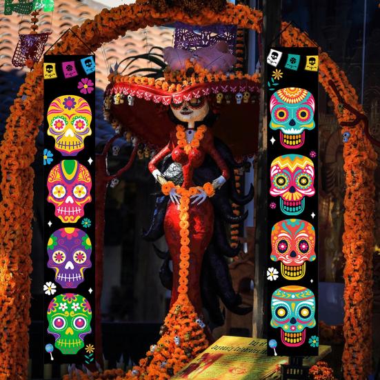 1 Pair Halloween Banner Spooky Skull Pattern Halloween Door Couplets Festival Flag for Home Party Decoration