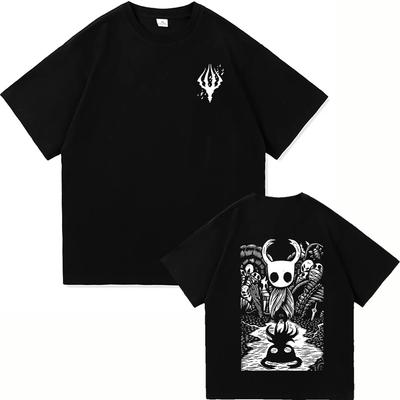 2026 Hollow Knight Silksong Двухцветная футболка в стиле линогравюры Черная основа с символом IP Сцена с главным героем