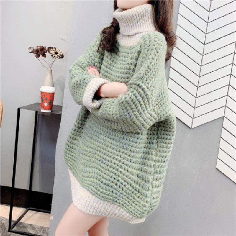 Женский свитер с высоким воротником на осень и зиму, свободный корейский свитер в западном стиле средней длины, пуловер, женский топ