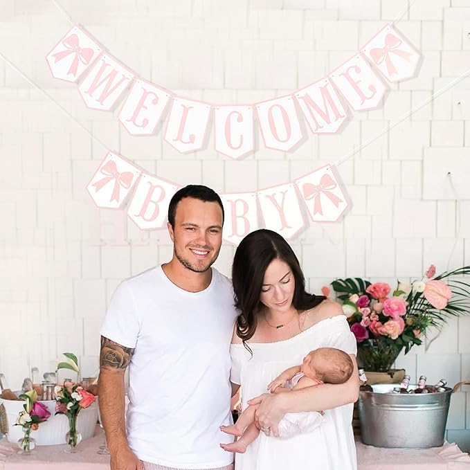 Welcome Baby Party Decorations - Pink Bow Banner,Pink Bow Welcome Baby Banner,Girls Gender Reveal Party Photo Props,Bow Theme Baby Party Hanging