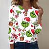 Women's Fashion Casual V-Neck Long Sleeve Decorative Button Christmas Print Top