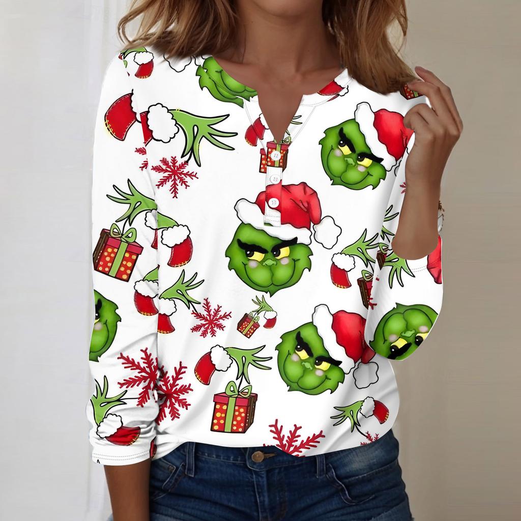 Women's Fashion Casual V-Neck Long Sleeve Decorative Button Christmas Print Top