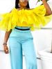 Women Blouses Off Shoulder Ruffles Yellow Summer Bright Shirt Tops Classy Elegant Lady Party Cocktail Shirts Plus Size