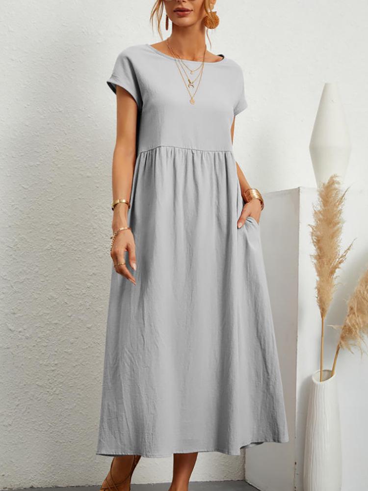 European & American Solid Color Sleeveless Loose Cotton Linen Pocket Dress 2024 In Stock