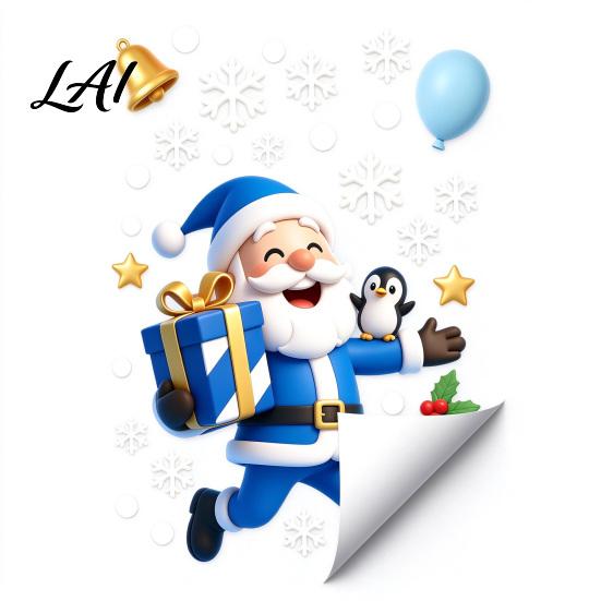 Removable Christmas Glass Stickers Static Window Cling Cartoon Blue Santa Stickers Reusable DIY Seasonal Displays Decor with Snowflake Balloon