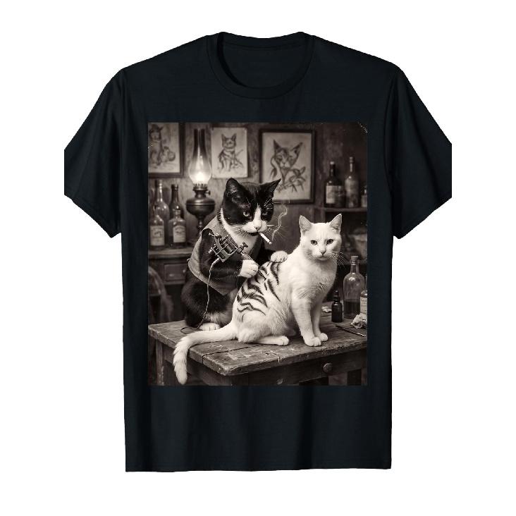 [Funny Cat T-Shirt] Vintage Cat Smoking Tattoo Artist Funny Meme Inked Kitty T-Shirt