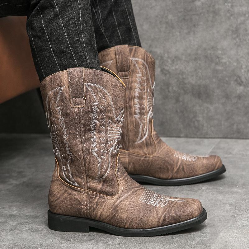 Men's Leather Boots Autumn and Winter New Retro Leather Shoes Fashionable Men's Large Size Ethnic Style Sleeve Boots Cowboy Boots
