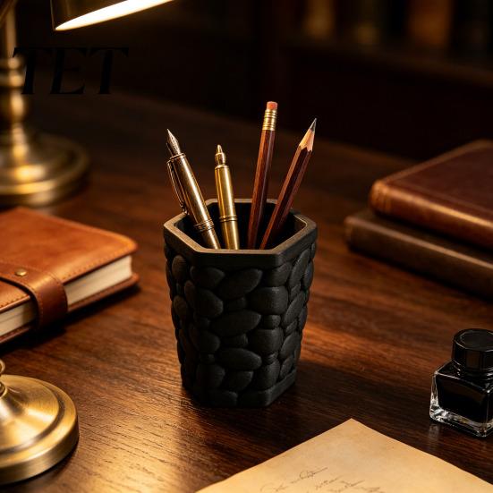 Creative Office Supplies Decor Pebble Texture Pen Holder, Hexagonal Desktop Organizer, Stable Anti-Tip 3D Modern Storage Container Printed PLA Cup for