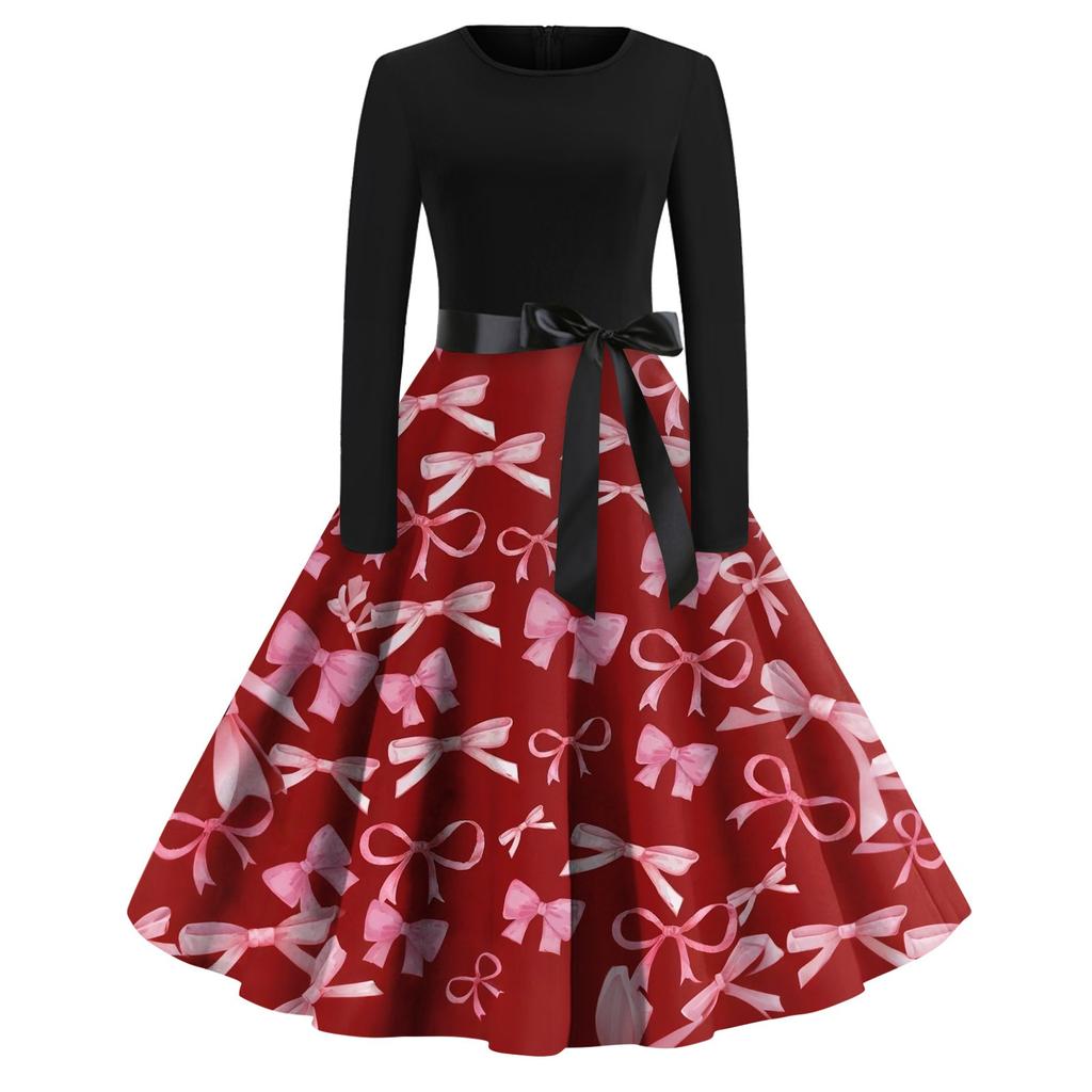 Женское платье с круглым вырезом и большим подолом, плиссированная юбка с длинными рукавами, платье