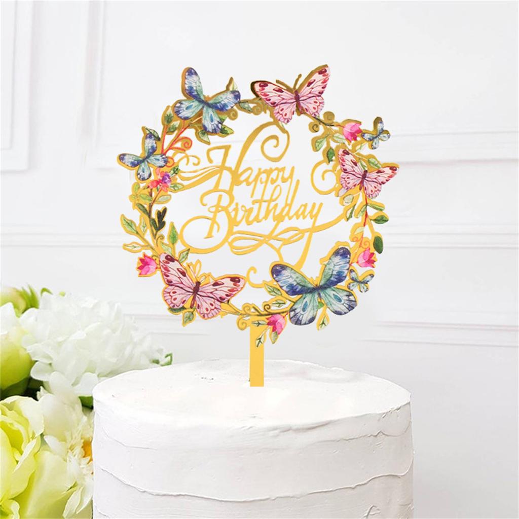 Gold Butterfly Happy Birthday Cake Topper Rose Gold Acrylic Kids Birthday Party Cake Topper Dessert Decoration Baby Shower