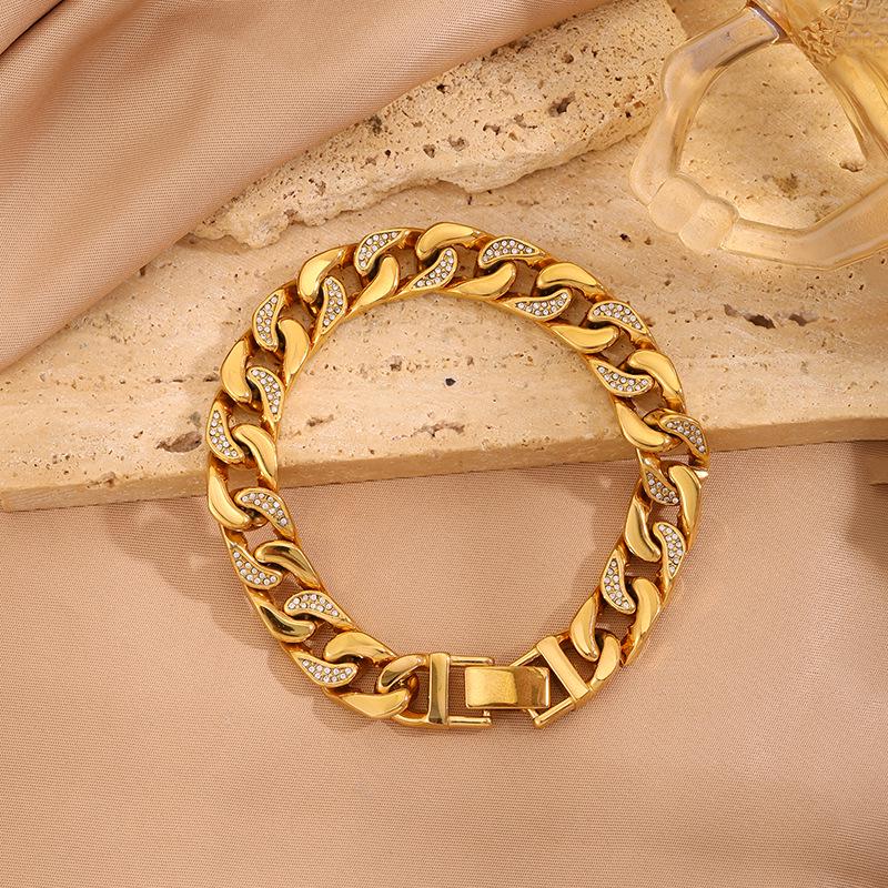 Женский браслет-кубинская цепь из титановой стали с покрытием из 18-каратного золота и инкрустацией бриллиантами - Роскошная европейская и американская мода