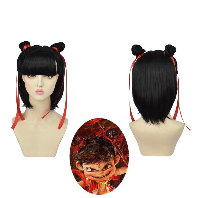 Captivating Black Nezha Anime Wig With Charming Buns Perfect For Cosplay Enthusiasts