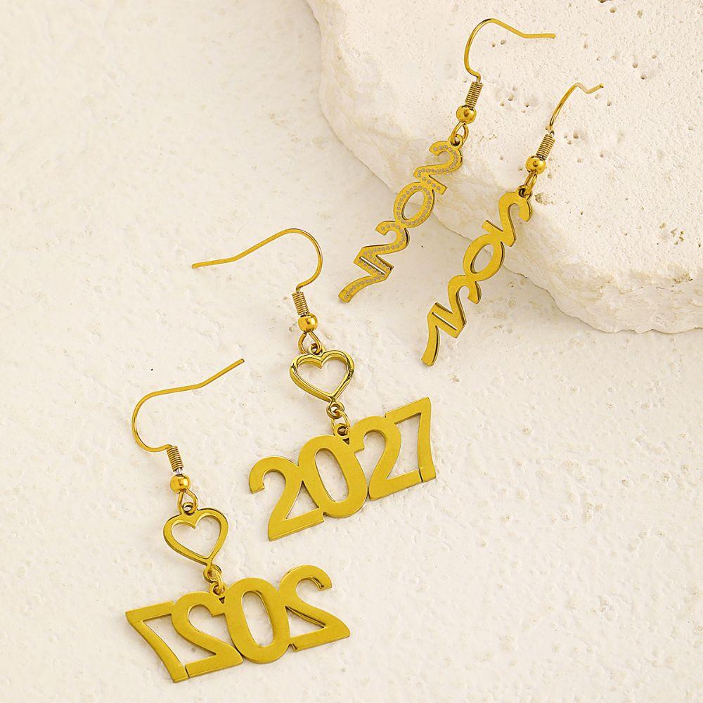 Stainless Steel Happy New Year Earrings Number Gold Stud Earrings Celebration Holiday