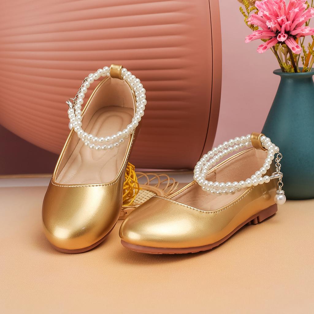 Gold pearl chain girls' single shoes, flower girl performance piano shoes, light luxury princess style, paired with a dress, soft-soled small leather