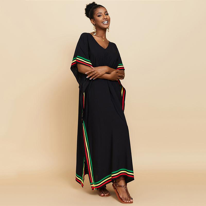 Black Beach Kaftans Color Block Women Maxi Dresses Summer Holiday Bathing Suits Factory Supply