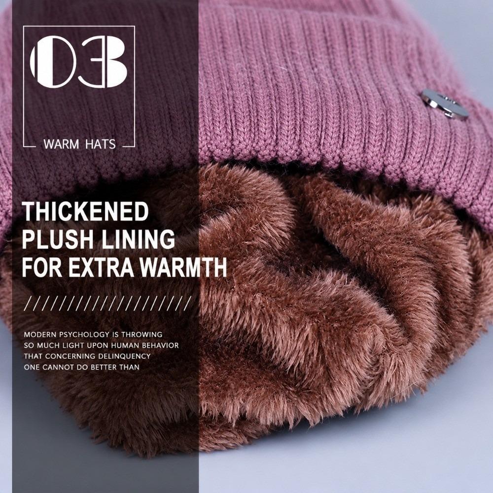 Thick Plush Liner Knitted Beanie Fuzzy Knit Fabric Elderly Ladies Hat Senior Women Daily Wear