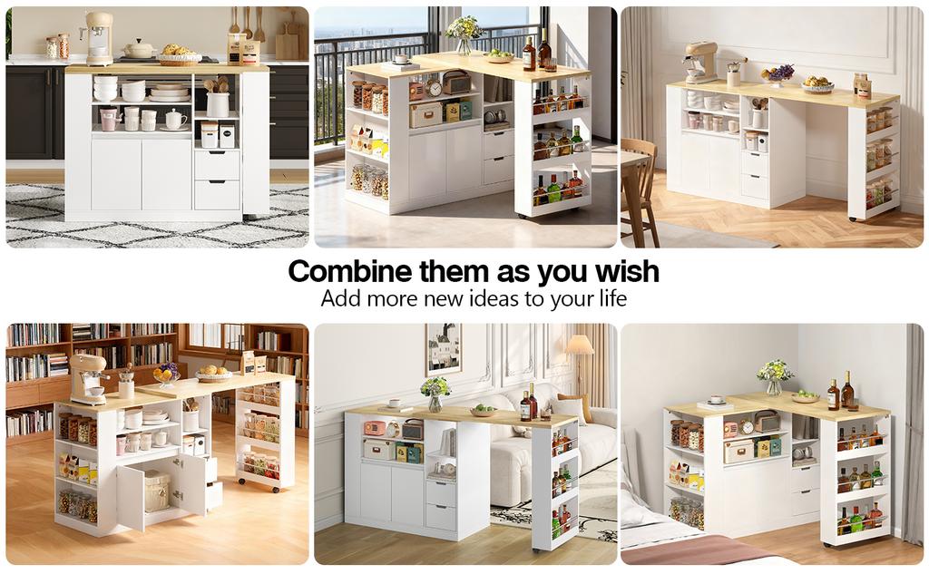 Kitchen island with pull-out countertop, 115 cm storage with three-sided shelves and two drawers, coffee bar, suitable for dining rooms and home bars