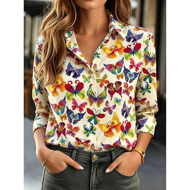 Women's Casual Long-Sleeve Shirt with Dark Base and Colorful Exotic Fruit Floral Print, Romantic and Lush, Versatile Top