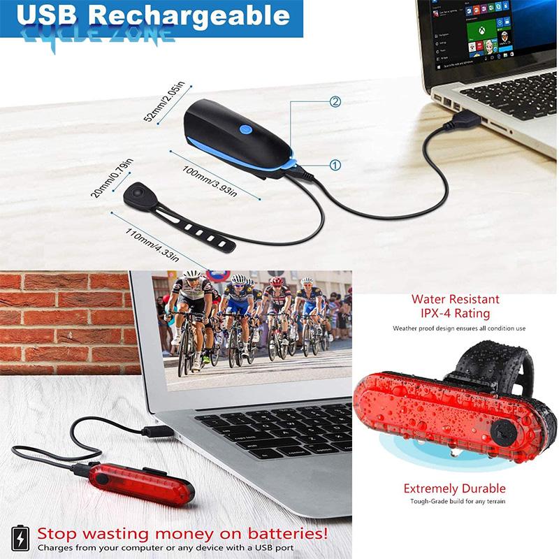 Велосипедный фонарь со звуковым сигналом, перезаряжаемый через USB, светодиодный, водонепроницаемый, для горного велосипеда (MTB), для езды в темноте, передняя фара и задний фонарь в комплекте