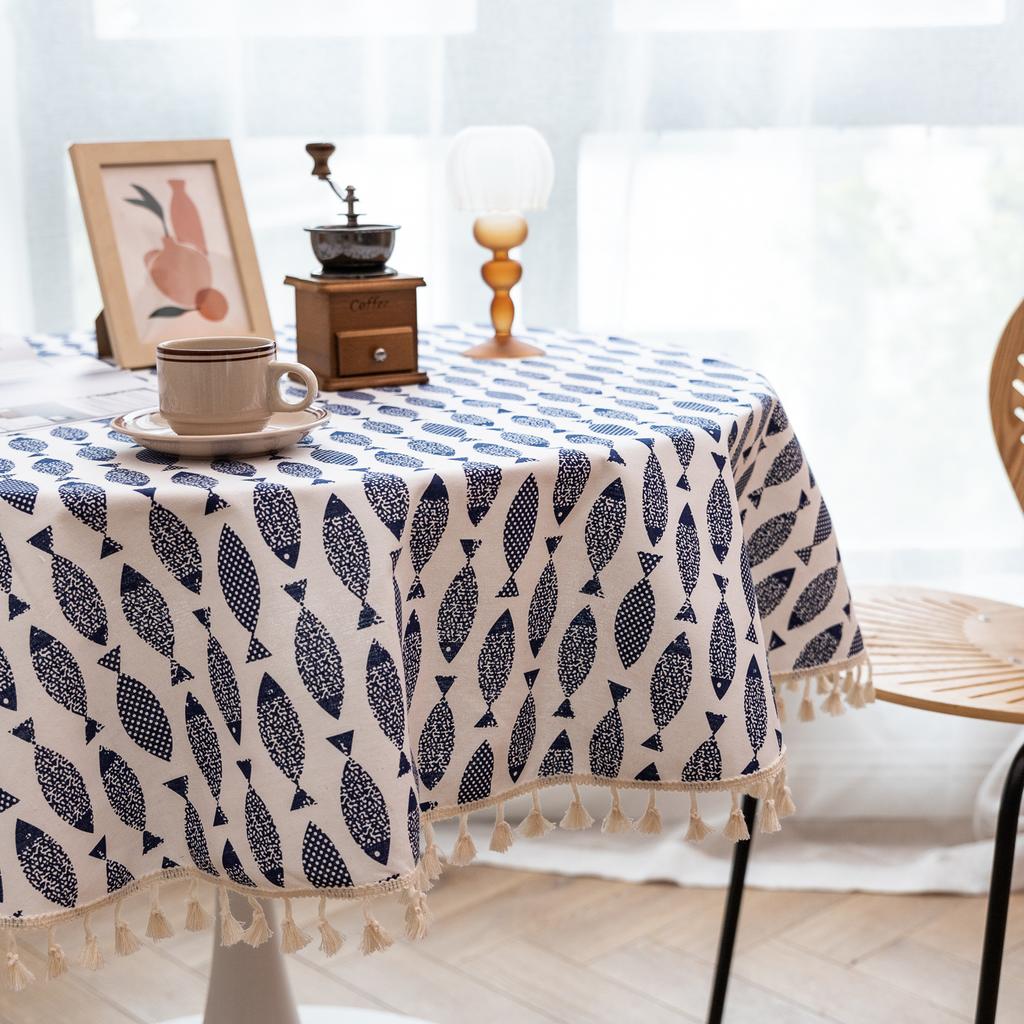 Японская хлопковая льняная круглая скатерть с кружевом с синими рыбками и ракушками, рождественское украшение, обеденный стол, скатерть для домашнего сада, чай