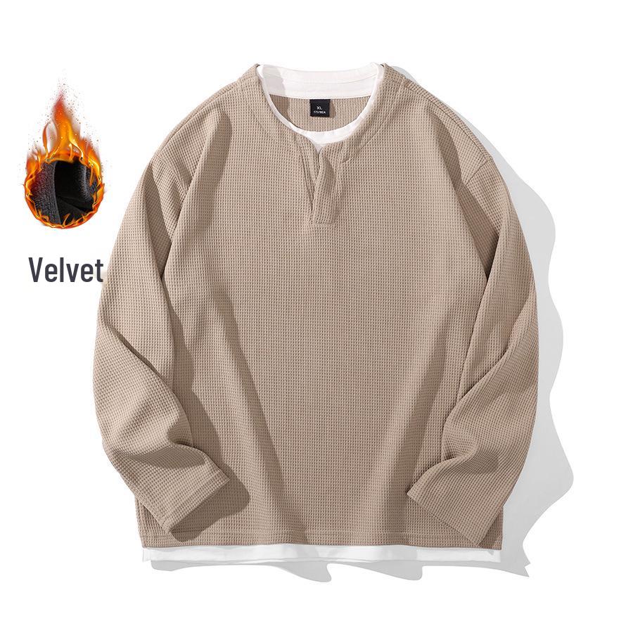 Men's Black Velvety Faux Two-Piece Henley Long-Sleeve T-Shirt, Autumn Korean-European Style, 536.