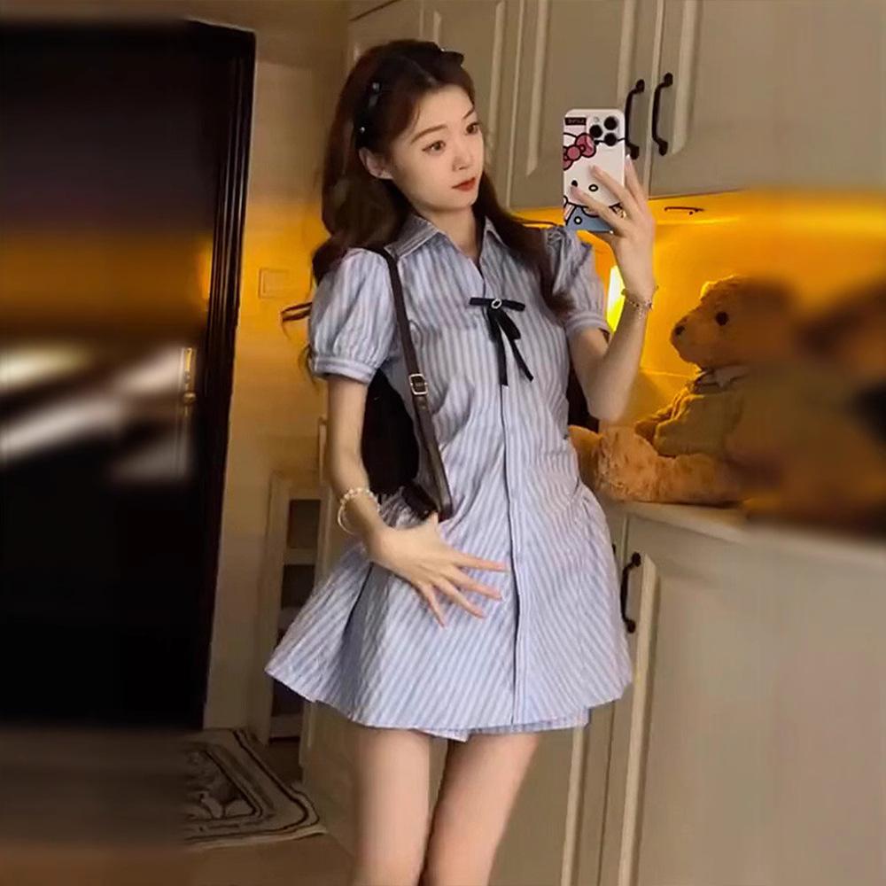 College striped blue dress women's summer small waist slim short skirt polo collar shirt skirt set
