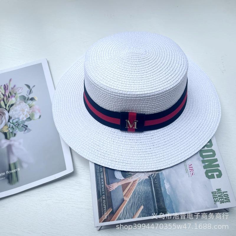 Hat multi-color striped M letter flat top top hat summer fashion travel shade sun protection big brim straw hat women