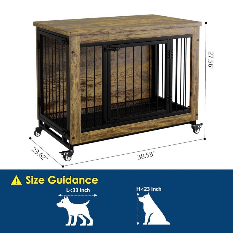 38 Inch Dog Crate Furniture Wooden Dog Kennel End Table with 3 Doors Locking Wheels Removable Tray Divider Indoor Pet Cage Side Table for Small