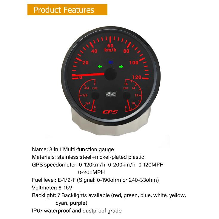 ELING 110mm 3in1 Gauge 120 200 KM/H MPH GPS Speedometer for Auto Car Boat with Fuel Level Voltmeter 7 Colors Backlight 12V 24V