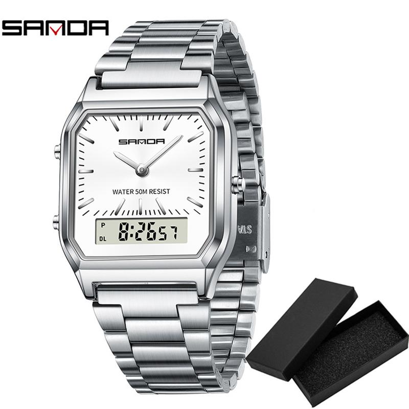 Fashion Sanda Brand Men Watches Retro Stainless Steel Band Digital Display Erkek Kol Saati Zegarek Damski Relogios Wristwatches