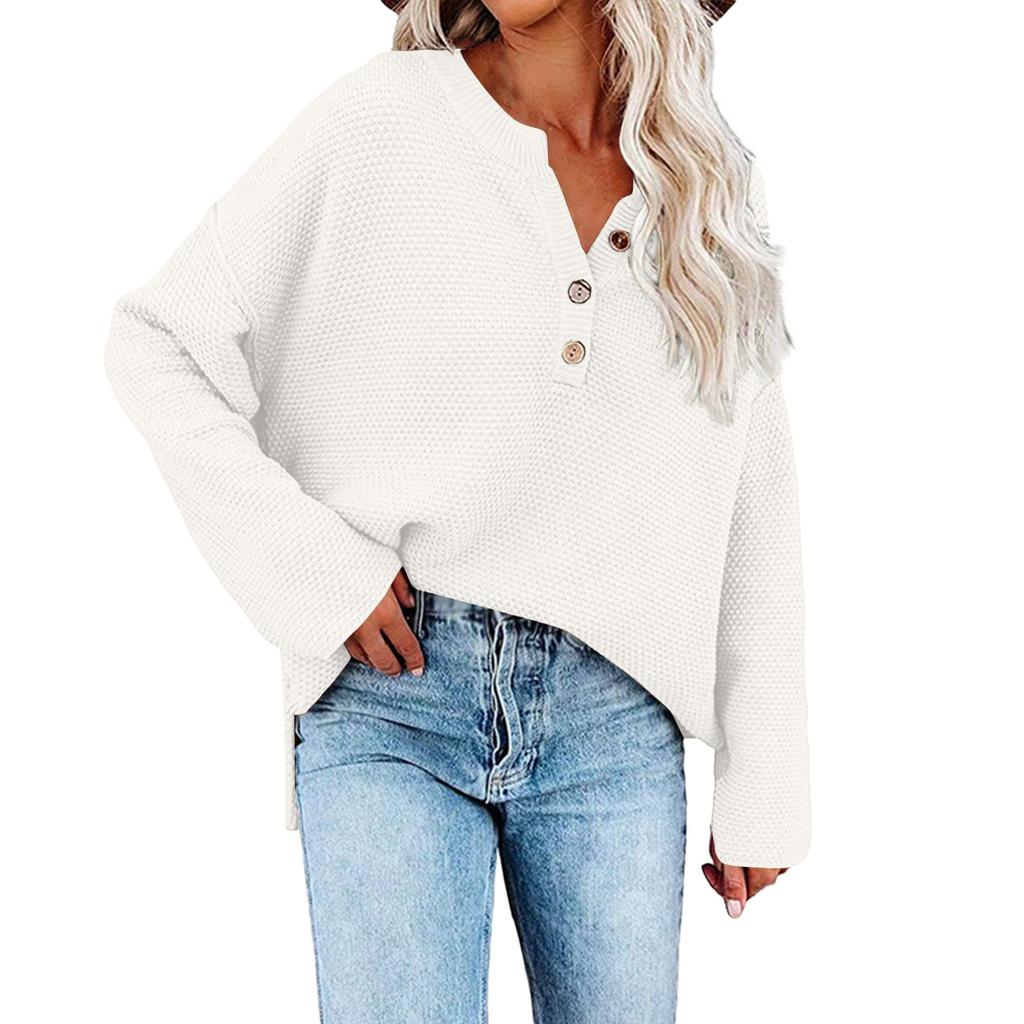 Женская мода, повседневный однотонный свободный вязаный пуловер с круглым вырезом и пуговицами, топ