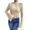 Autumn Versatile Pleated Top with Flared Sleeves Stand Up Collar Slim Fit Women's T-shirts