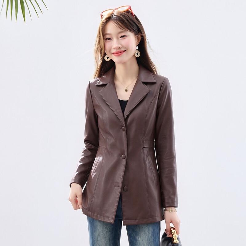 Sanpowa Women's Fall Windproof Lapel PU Leather Jacket