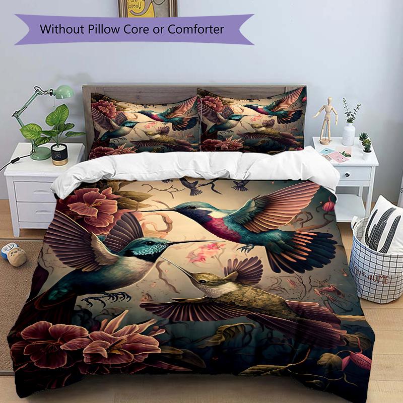 3pcs Whirling Hummingbirds Bedding Set, Including 1 Quilt Cover and 2 Pillow Shams, Without Filling, Soft and Comfortable Home Bedroom Fabric, Fa