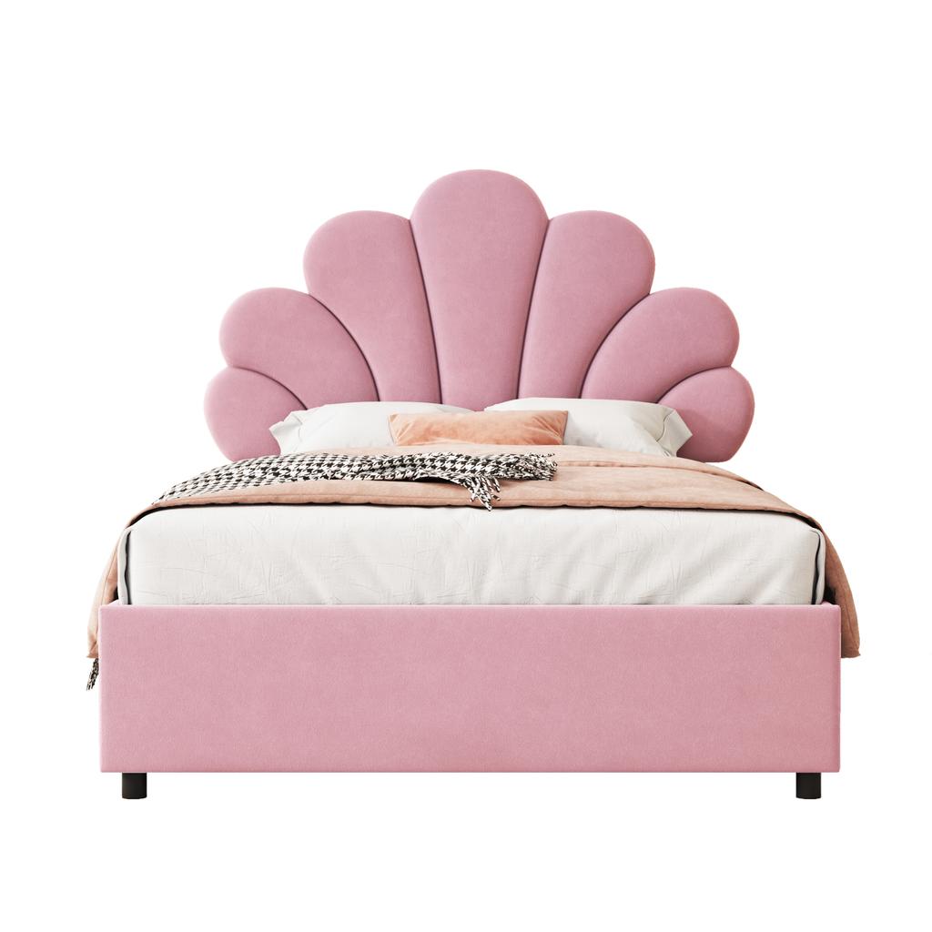 Upholstered Children's Bed 90 x 200 cm, with Floral Headboard and Slatted Frame, with Height-Adjustable and Hydraulic Storage, Velvet Fabric, Pink