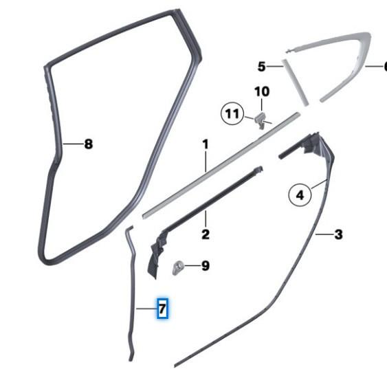 Уплотнительная планка задней двери BMW 5 серии F07 GT (Номера деталей: 51767196405, 51767196406)