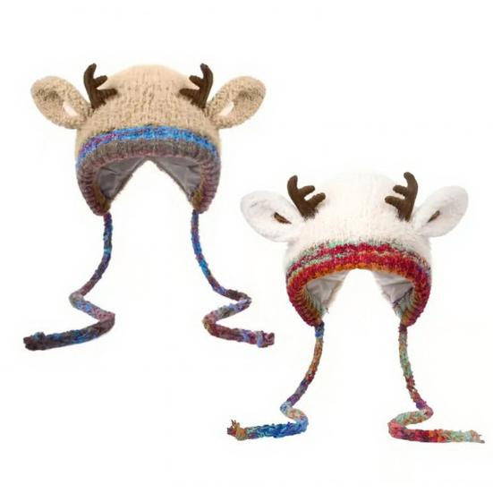 Рождественская шапка с рогами и защитой ушей, двухфункциональный дизайн, ручная работа, праздничная вязаная зимняя шапка, сумка, праздничный декор