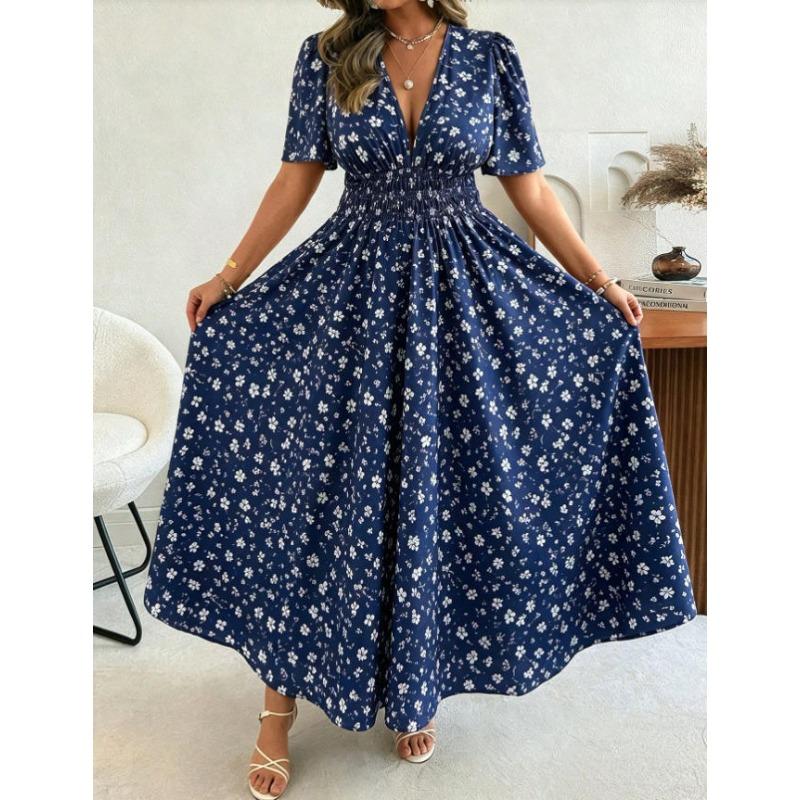 TIFICY Женская мода лето весна цветочный узор принт с коротким рукавом V-образным вырезом с высокой талией повседневные платья