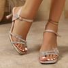 Fashion Luxury Silver Glitter Strap Ankle Strap Sandals Women Summer Square Toe High Heels Sandals Flower Decoration Rose Gold Shoes