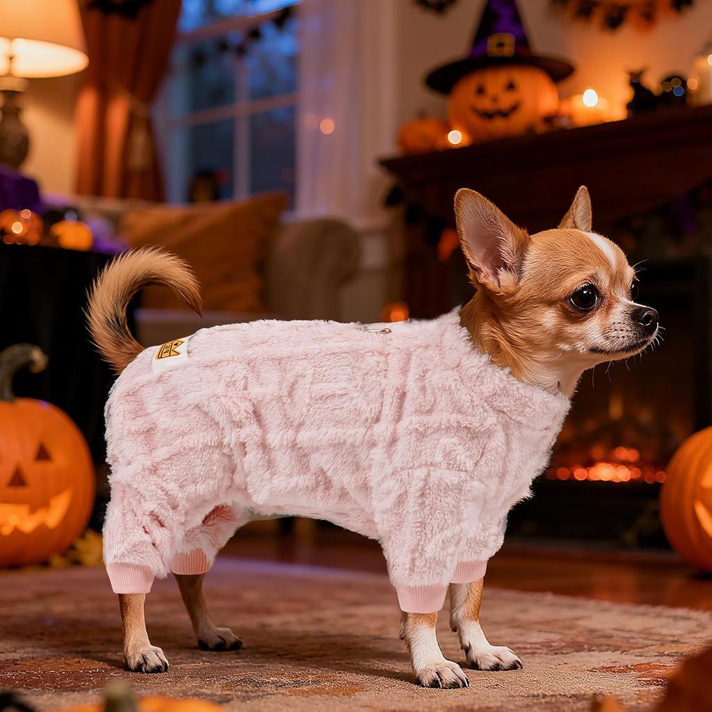 Plush Dog Pajamas for for Small Dogs Cats, Dog Sweater with Leash Ring Ultra Soft Warm Pet Clothes Puppy Onesie Outfits Doggy Pjs Jumpsuit for Winter