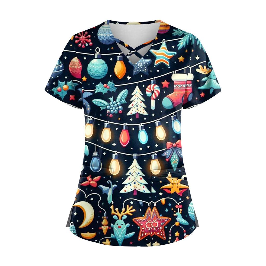 Women's Short Sleeve Stagger V Neck Christmas Print Pocket Dry-nurse Top