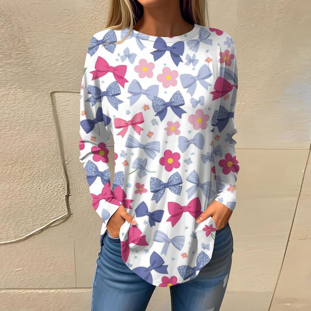 Women's Loose Casual Bow Printed Round Neck Long Sleeved T Shirt Top Pullover Long Sleeved Sweatshirt